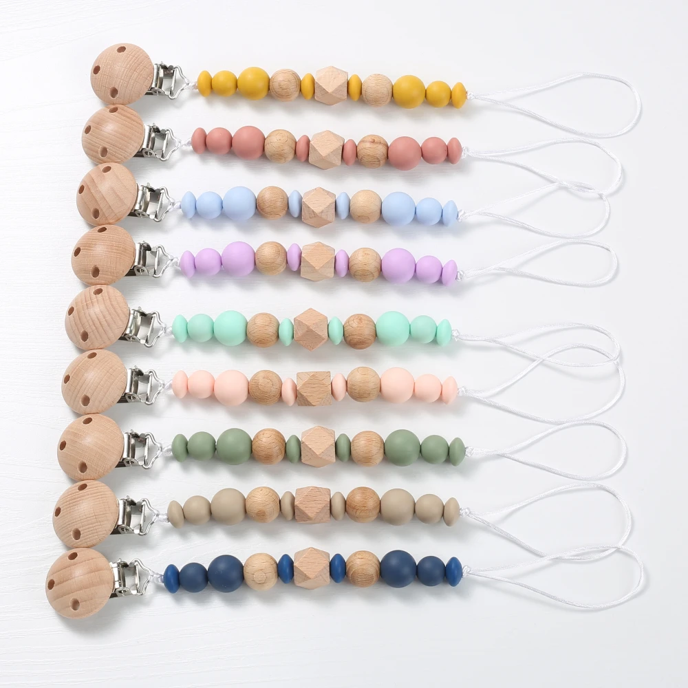 New Baby Pacifier Chain Clips Wood Silicone Round Octagonal Beads Teething Chain For Infant Appease Soother Dummy Holder Clip