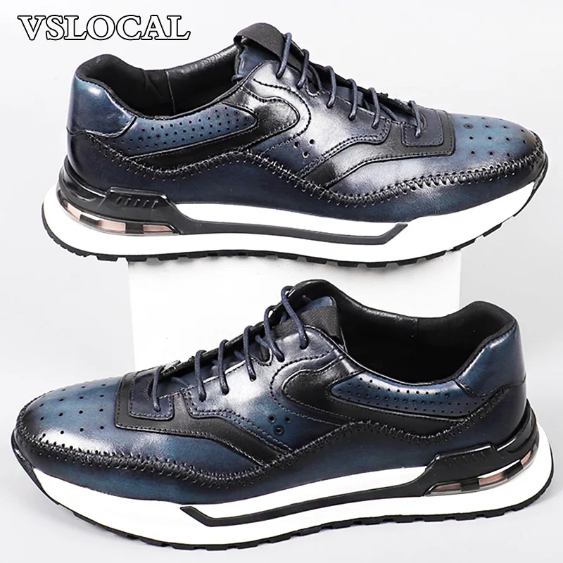 

Fashion Men Casual Shoes Lace up Blue Brown Mens Dress Shoes Sneaker Lace up Outdoor Daily Genuine Leather Shoes for men