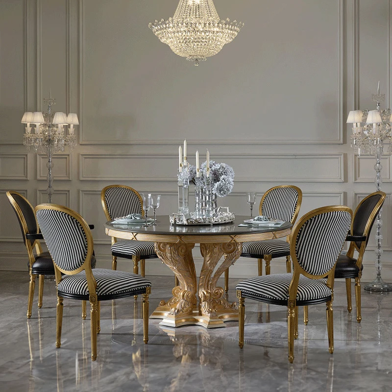 

!@Newly Simple Design Hand Carved Wooden Luxury 6 Seater Round Classic French Dining Table With Chairs