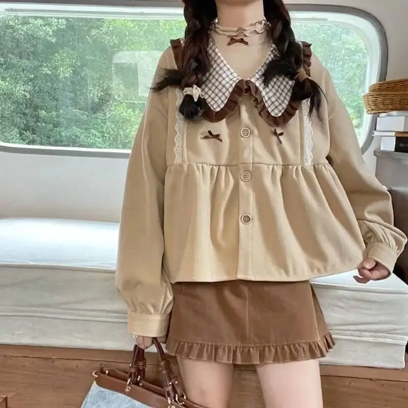 Japan Sweet Dress Sets Women Peter Pan Collar Lace Spliced Long Sleeved Shirts Basics Solid Skirt Two Piece Set Woman