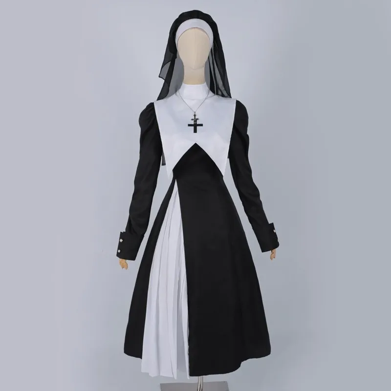 Damen Krankenschwester Nonne Kostüm mit Puffärmeln und weißer Schürze, Gothic Halloween Horror Party Cosplay Event Kirchen-Thema Outfit – Detail 16