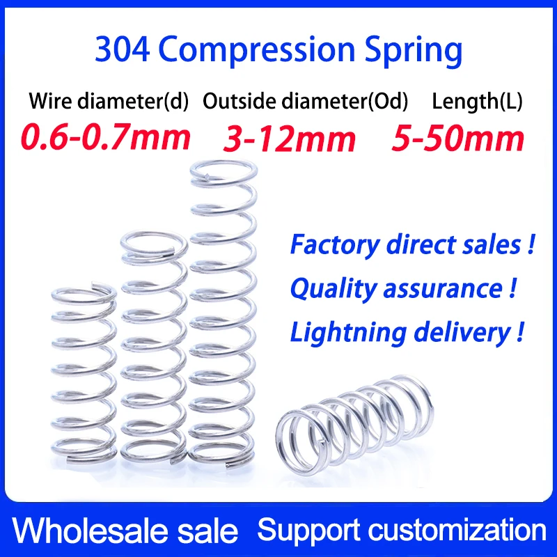 10Pcs Wire Diameter 0.6mm 0.7mm 304 Stainless Steel Micro Small Compression Spring OD 3mm4mm5mm6mm7mm8mm9mm10mm11mm12mm L：5-50mm