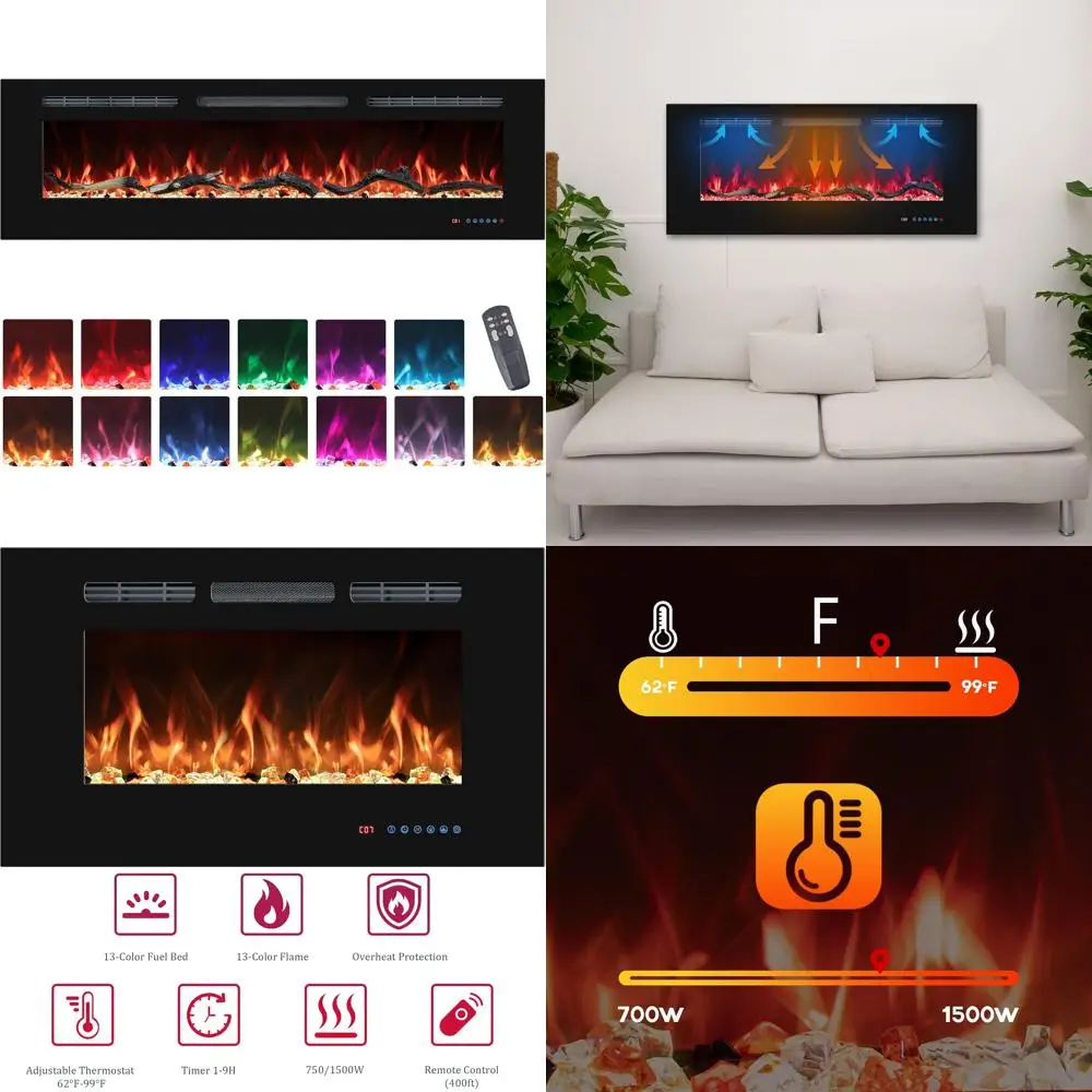 

50-Piece Electric Fireplace Insert Set, Recessed & Wall-Mounted, Multicolor Flame, Timer, Log & Crystal