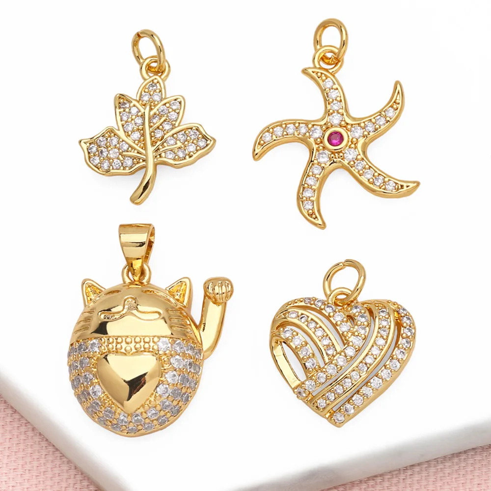 OCESRIO Fashion White Crystal Lucky Cat Pendant for Necklaces Copper Gold Plated Starfish Jewelry Making Component pdtb583