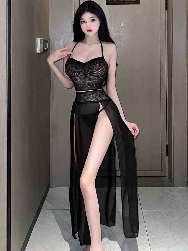 Temptation Elegant Transparent Dress Fun Lingerie Hot Lace Lace Bra Sexy High Split Long Dress Night Club Role Play Dress 8UOS