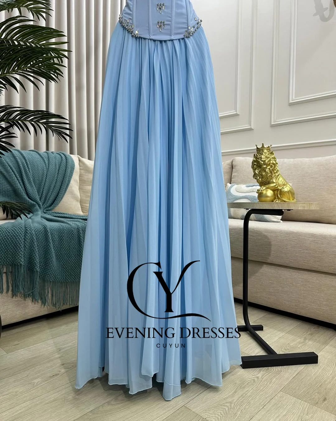 CUYUN Luxury Blue Evening Gown with Beading Strapless Patchwork Chiffon Long Prom Dresses Customized Saudi Arabic Party Gown