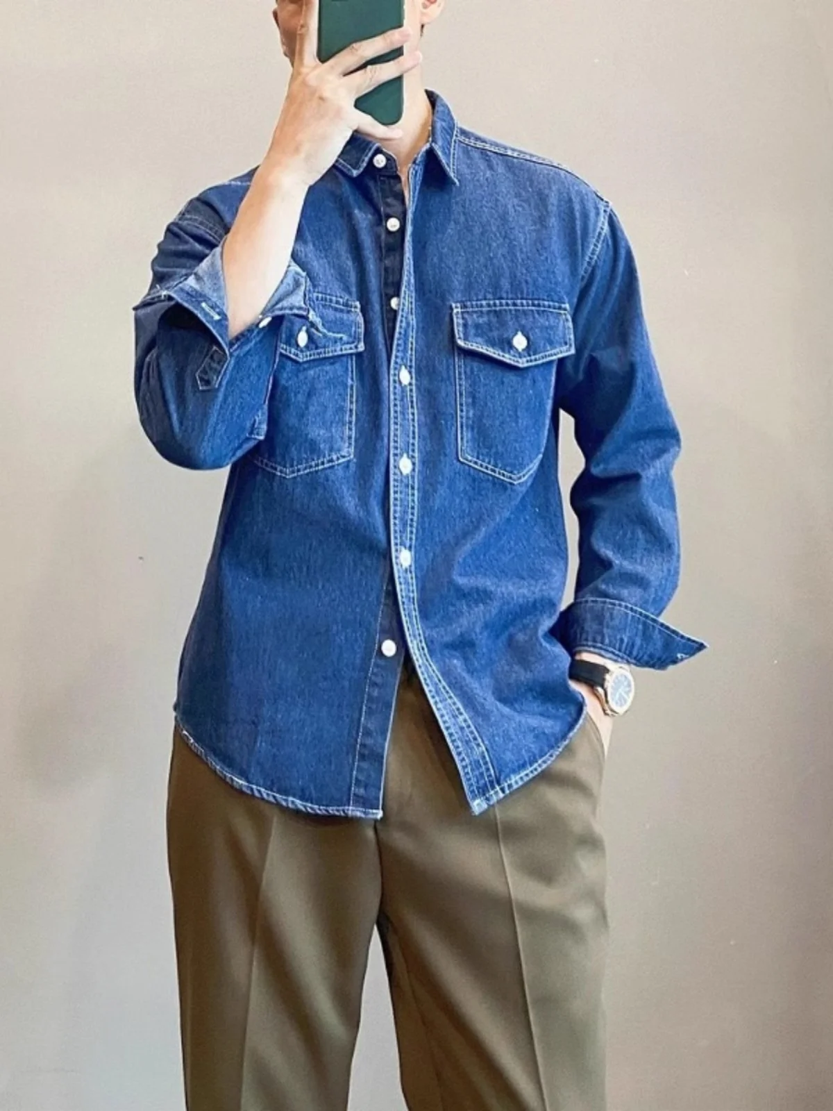 

Мужская джинсовая рубашка в японском ретро-стиле с длинными рукавами, свободного кроя, в американском повседневном стиле, для работы, весенне-осенняя верхняя одежда