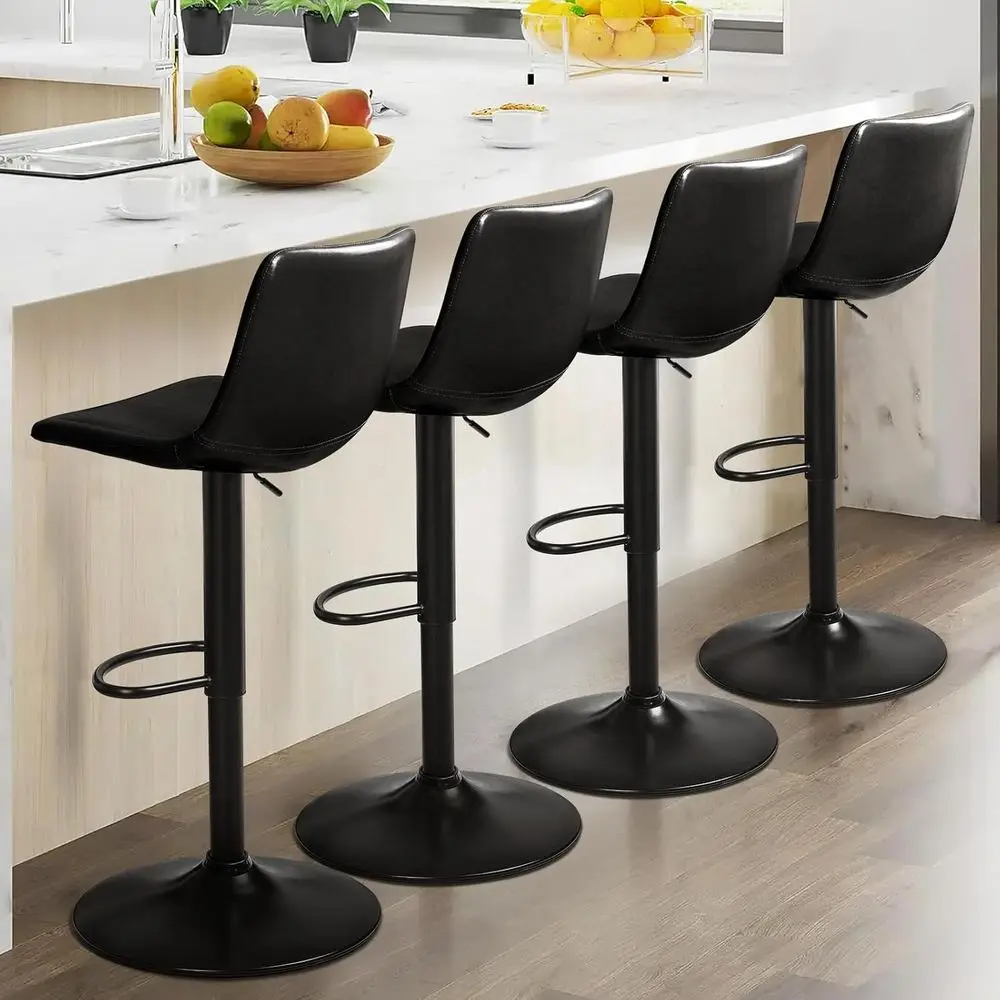 Lemebri Set o 4 Adjustable Swivel Bar Stools with Back, PU Leather, Black | ern counter height design with swivel and back. Grea
