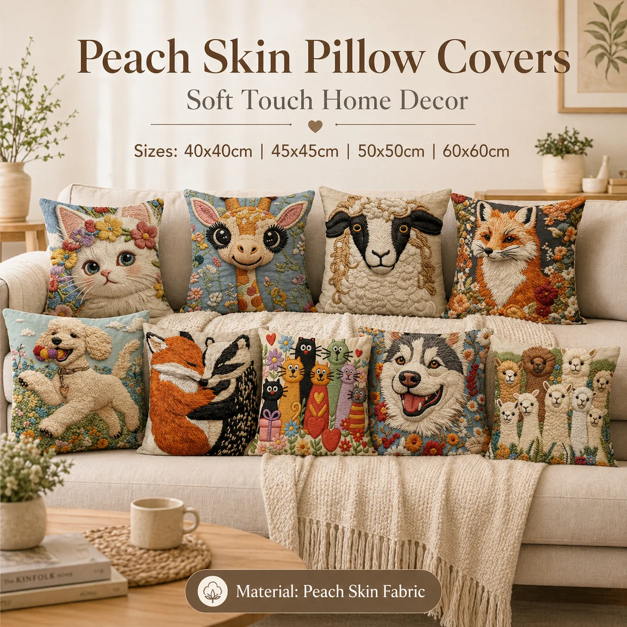

2D Flat Printing Faux Embroidery Animal Peach Skin Cushion Cover Cute Cat Dog Fox Throw Pillow Case for Sofa Home Decor