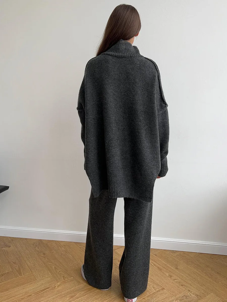 Loose Soft Elegant Women Suits 2 Pieces Female Set Turtle Neck Sweater & Wide Leg Pants Soft Knitted Track Suit 2026