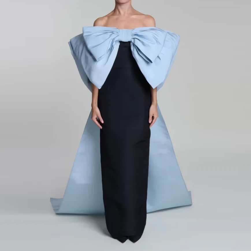 

Небесно-голубое, черное вечернее платье с открытыми плечами, платье с двойным бантом и съемной накидкой, элегантные прямые платья для выпускного вечера