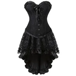 women's overbust gothic corset dress sexy jacquard vintage black corset with skirt plus size S-6XL