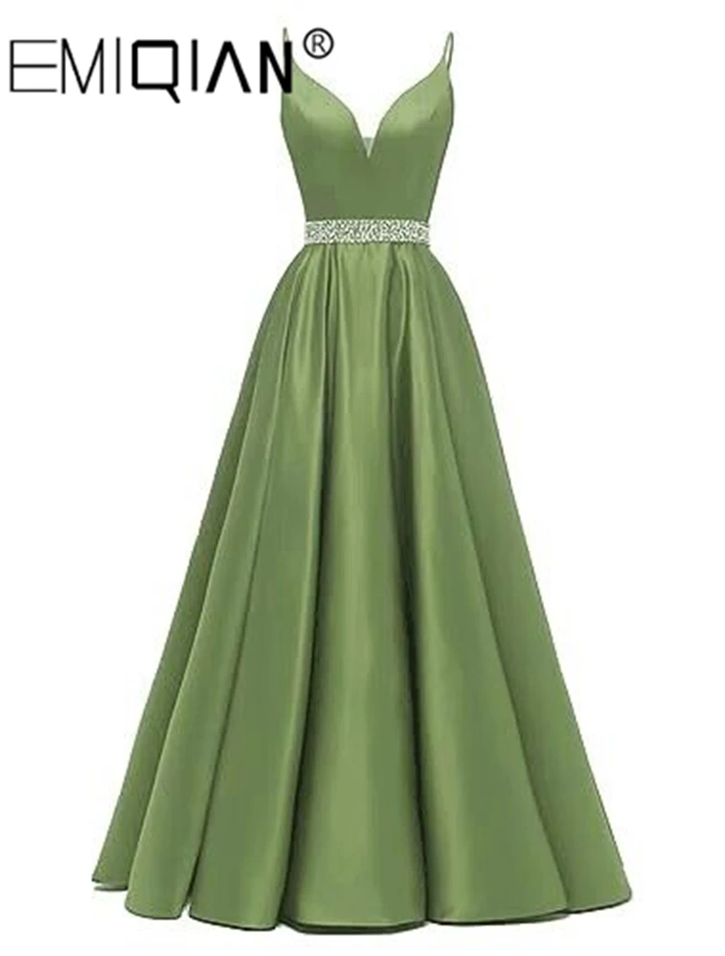 Olive Green Satin Party Dress Spaghetti Strap A Line Prom Evening Gown Long with Beaded Belt vestidos de gal