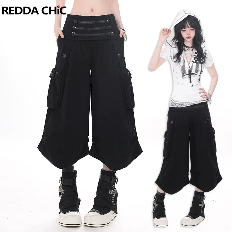REDDACHiC Grunge Black Cargo Jeans Jorts Women Emo Button Decor Elastic Waist Pleat Denim Bermuda Pants Punk Alternative Clothes