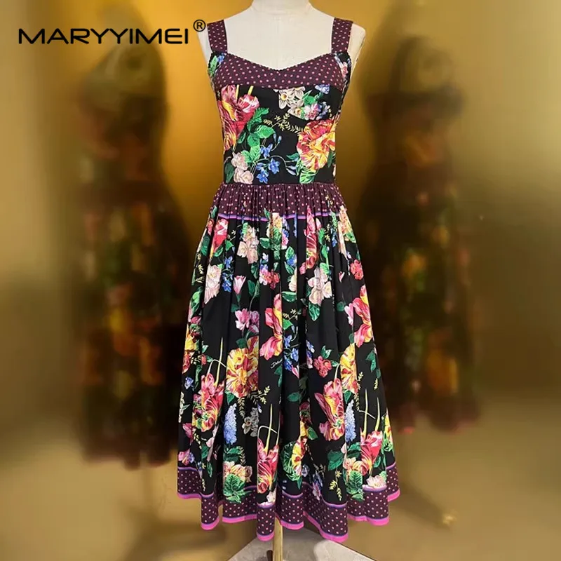 MARYYIMEI Summer Women's Cotton dress Spaghetti Strap Floral-Print Poplin Vintage Elegant Holiday Cotton Dresses