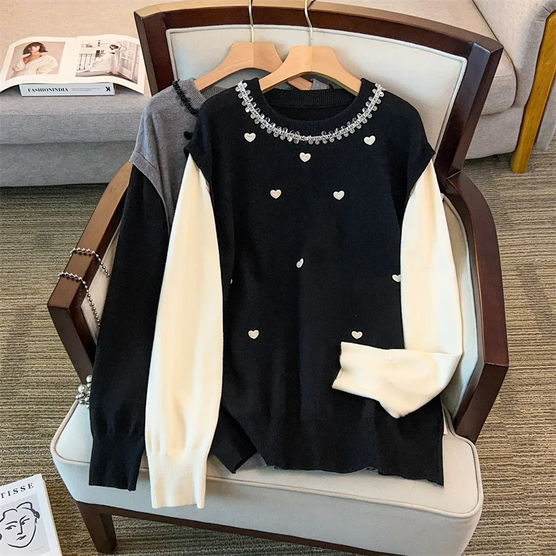 Женский вязаный свитер больших размеров (175 кг), осенне-зимний, с круглым вырезом, черный/серый, 4XL-9XL