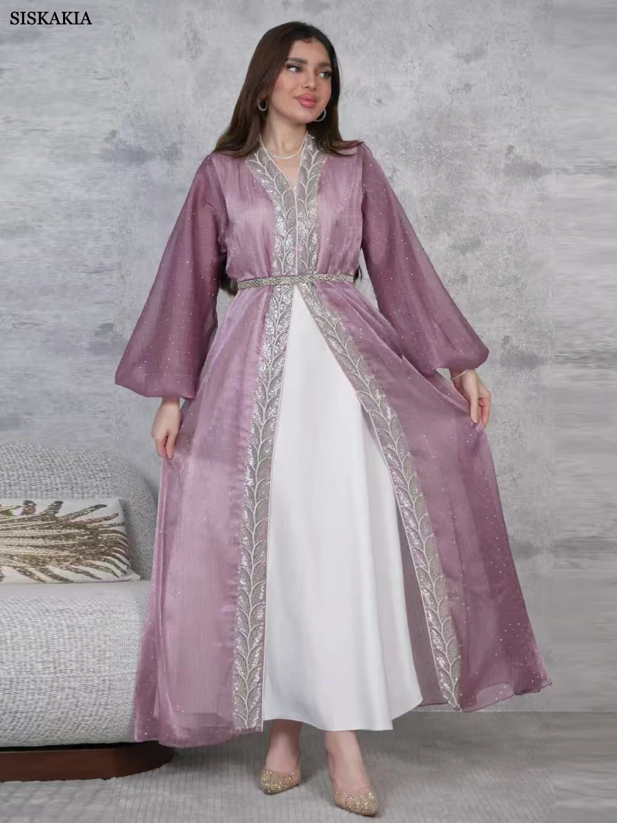 Siskakia Ramadan Muslim Embroidery Maxi Abaya Moroccan Puff Sleeve Kaftan Belt included Two Pieces Sequins Patchwork Dress