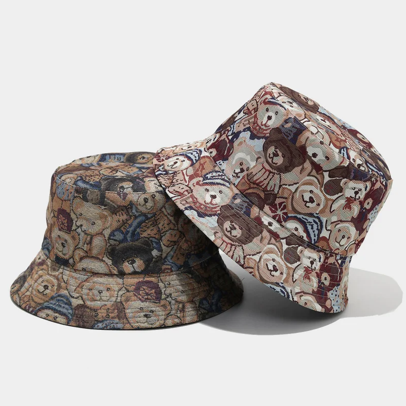 Unisex Cartoon Bear Print Double Sided Bucket Hat Casual Sun Cap For Women Men
