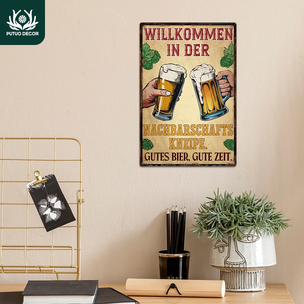 Putuo Decor 1 Stück deutsches Vintage-Metallblechschild, Willkommen im Der Nachbarschafts Kneipe, Wandkunst-Dekor für Bar, Pub, Club, Geschenk
