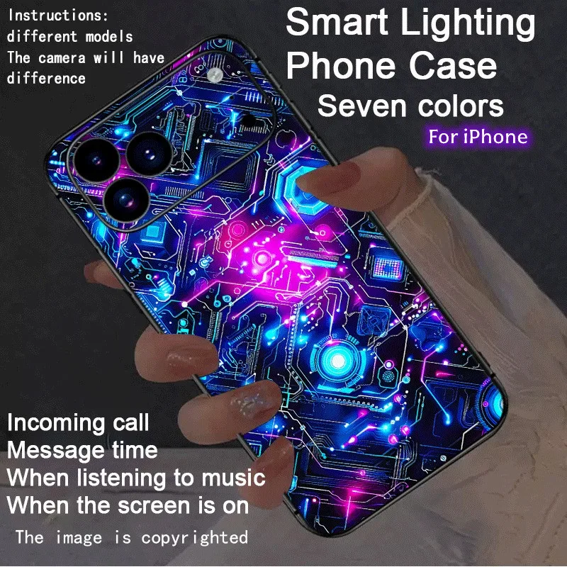Cool PCBA Structure Smart LED Light Glow Temper Glass Phone Case For iPhone Air 17 16 15 14 13 12 11 Pro Max Flash Phone Cover