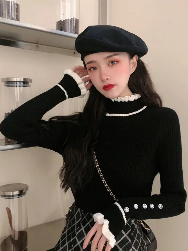 Jmprs Ruffles Sweet Knitted Sweaters Women Casual Korean Long Sleeve Pullovers Vintage Slim Design Fall Mock Neck Elegant Jumper