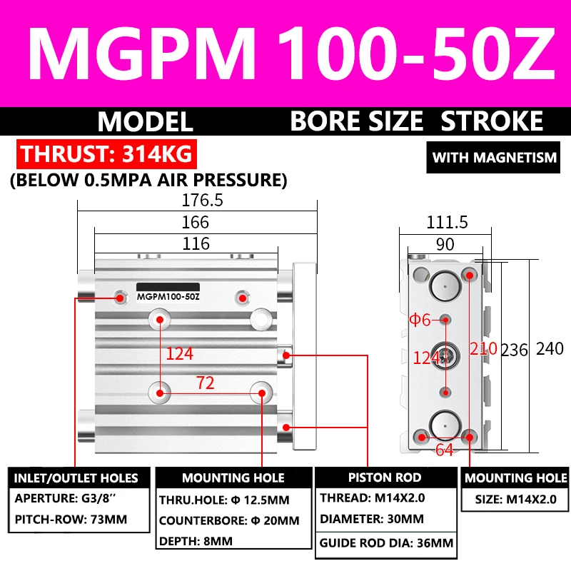 

Пневматический компактный направляющий цилиндр серии ABILKEEN MGPM MGPM100-50Z, диаметр 100 мм, ход х 50 мм, треххосевой трехштоковый воздушный цилиндр
