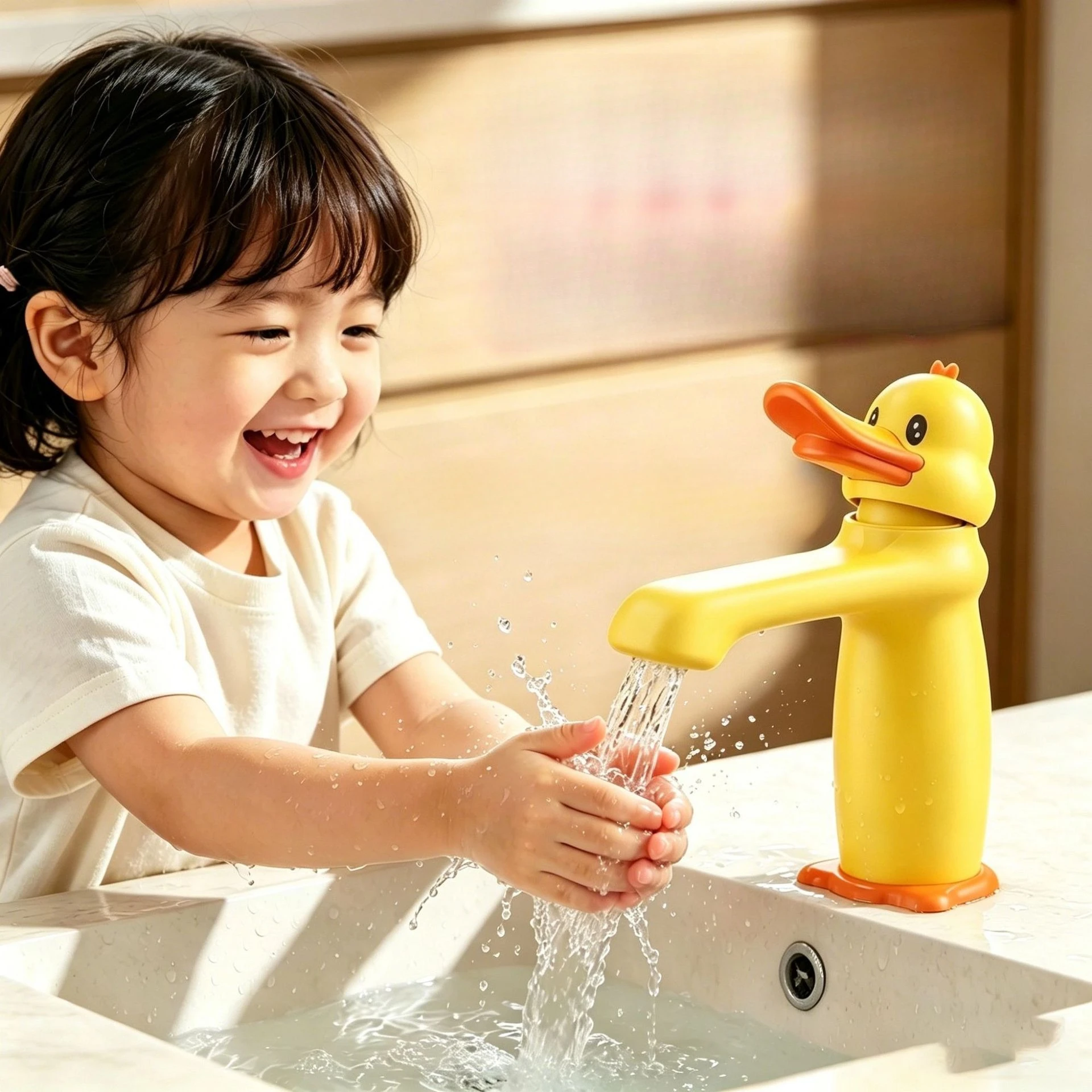 Cartoon-Style Children's Faucet: Little Yellow Duck Design, Adjustable Hot/Cold Water, Splash-Proof, Universal Sink Faucet