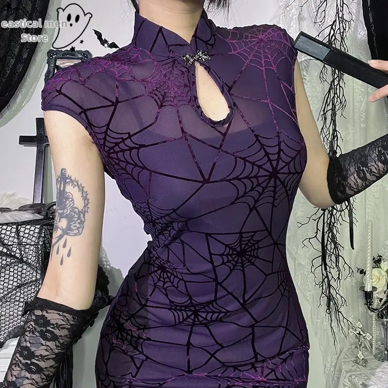 

Гранж-готический Qipao 2025, новый сексуальный тонкий Chesongam, женский ночной клубный халат, Vestidos, облегающее платье в китайском стиле с отделкой паутины