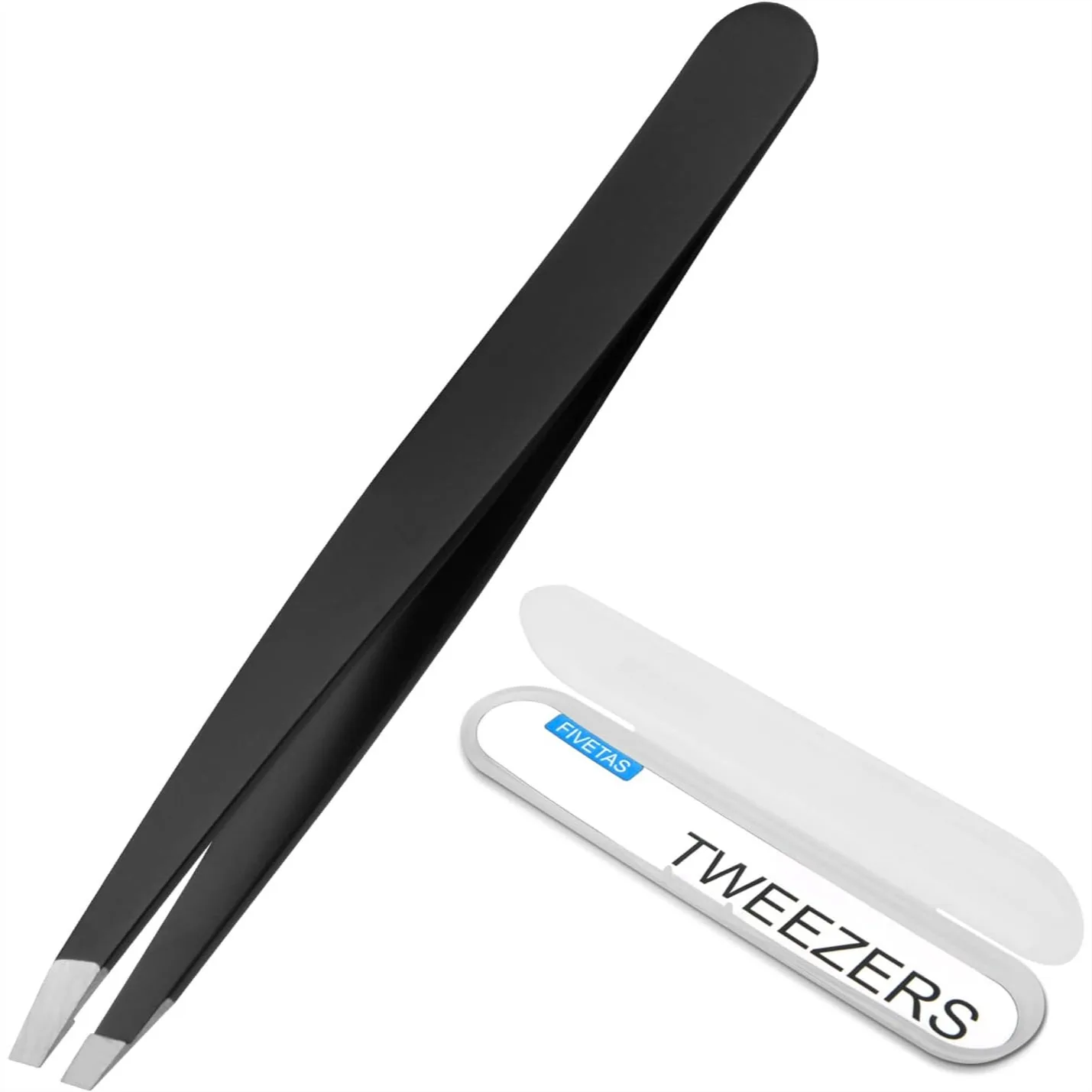 

Stainless Steel Slant Tweezers for Eyebrow & Facial Hair Removal with Case, Precision Tweezer for Women and Men, Black