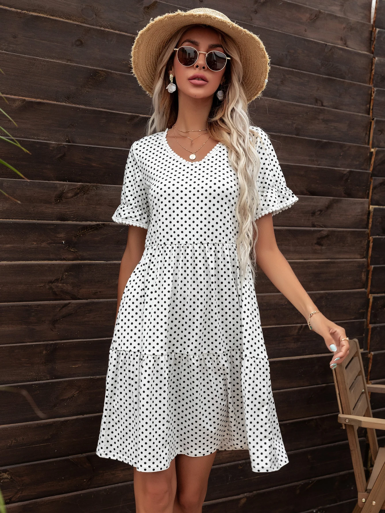 LEVACA Ruffle Hem abito a tunica a pois Summer Loose Fit Casual Boho per donna