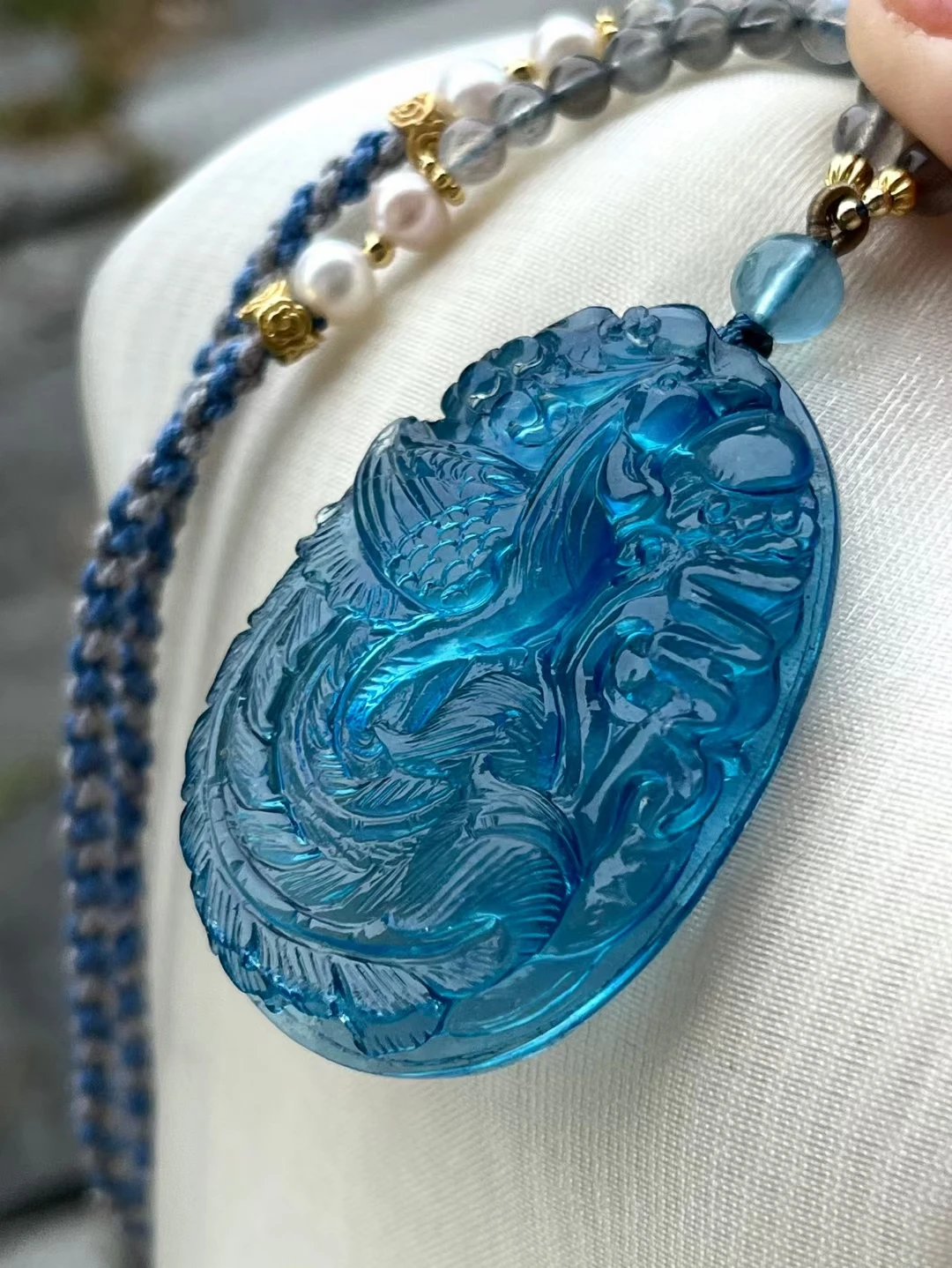 Natural Blue Aquamarine Quartz Pendant Phoenix Carved 50x35mm Jewelry Deep Blue Aquamarine Oval Necklace AAAAA