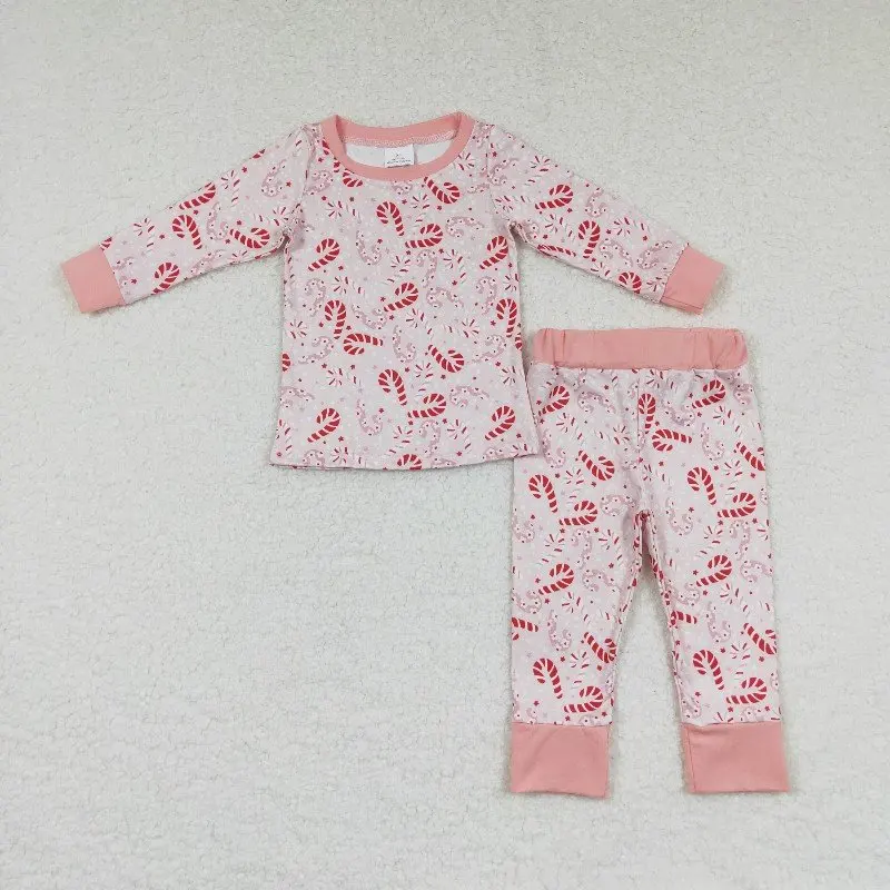 

Boutique wholesale infant girls Christmas milk silk pink pajamas sets crutches Print girls holiday clothing