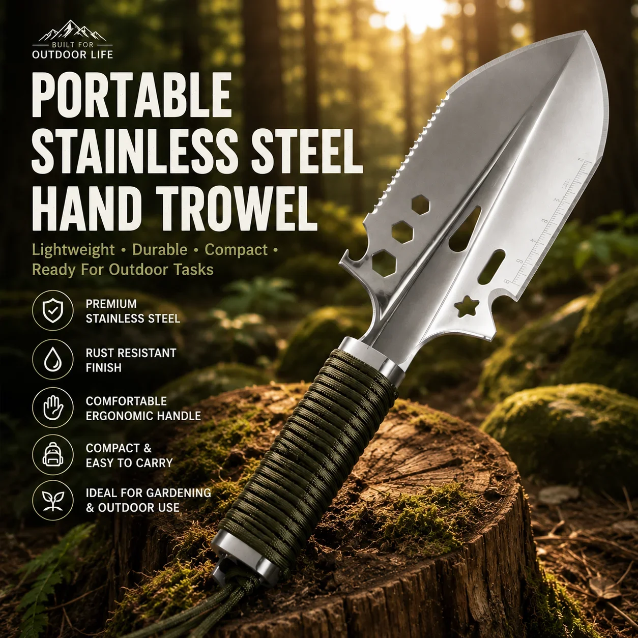 Portable Stainless Steel Garden Hand Trowel Compact Gardening Shovel for Planting Transplanting Potting Outdoor Garden Tool