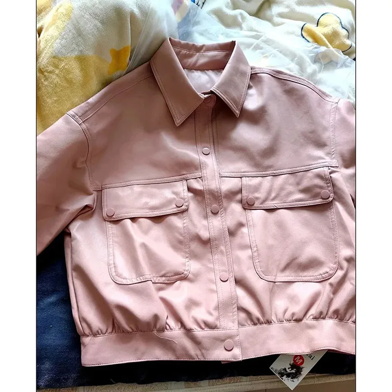 Hoogwaardige PU-leren jas Dames Tooling Windjack 2025Lente Nieuwe grote zak Uitloper Casual Niche Leren jassen Dames Top