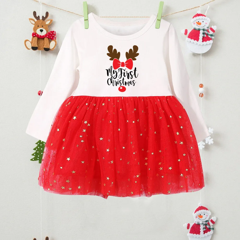 My First Christmas Baby Girls Red Dress Toddler Kids Deer printed Children Tutu Dresses Infant Princess outfit Xmas Party Gifts