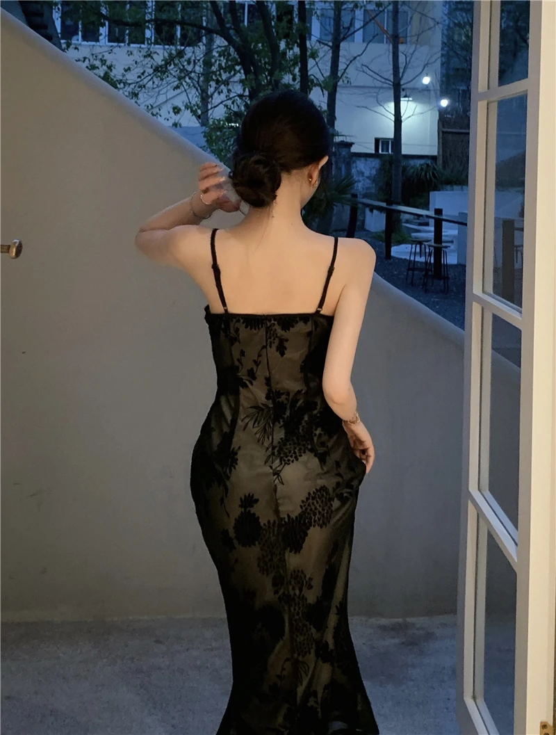 Lace Black Elegant Women Dress Vintage Strap Embroidery Floral Mermaid Midi Club Gown Robe Femme Ropa Sexy Mujer Verano Vestidos