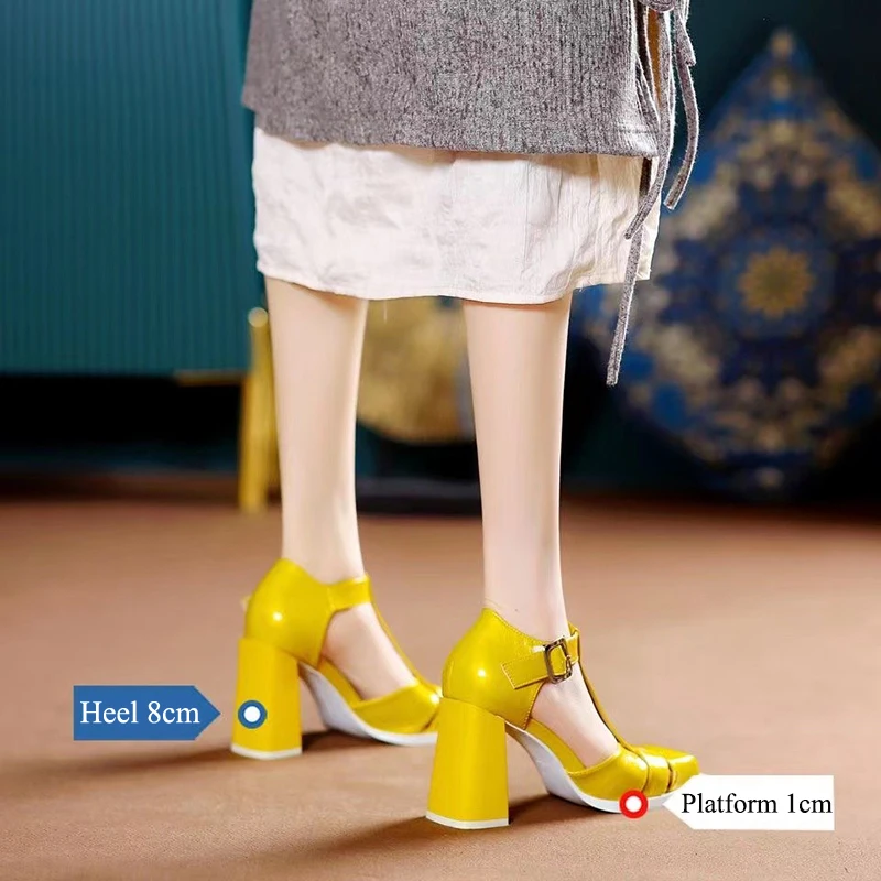 Women Shoes Mix Color Mary Janes Women 2023 Square Toe Hollow Out High Heels Pumps Woman Thick Heel Patent Leather Mary Jane