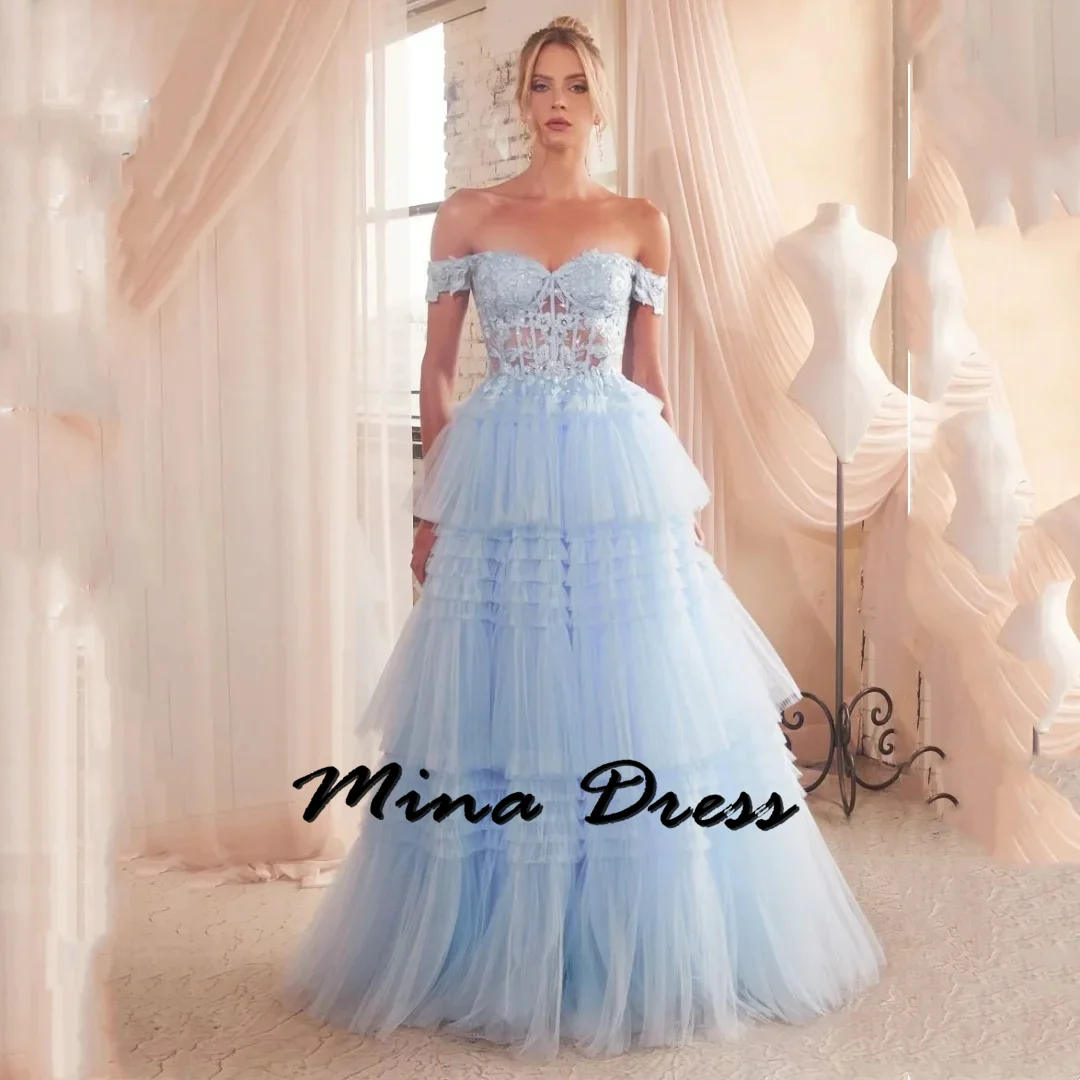 Mina-2024-Wedding lace stickers, evening gown with multiple layers of thin gauze in sky blue, sexy, off the shoulder, perfect fo