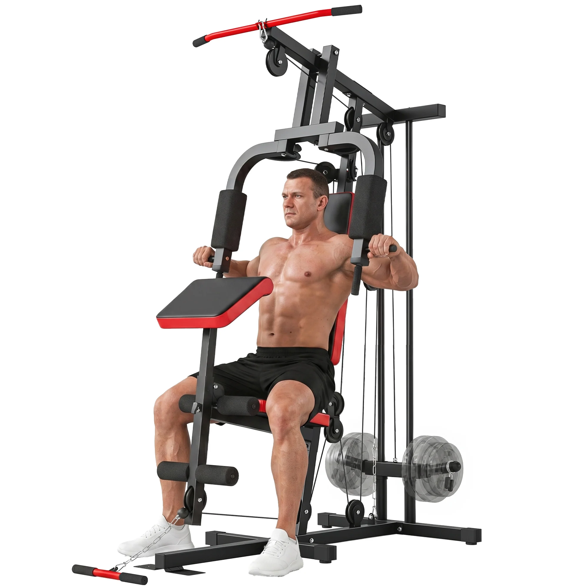 Sportnow Multi-Station Bodybuilding Machine, Hoge en Lage Pulley Machine, Borstpers, Been- en Biceps Curl, Butterfly, Compatibel met 25 en 50 mm schijven, Draagvermogen 120 kg voor thuisgym