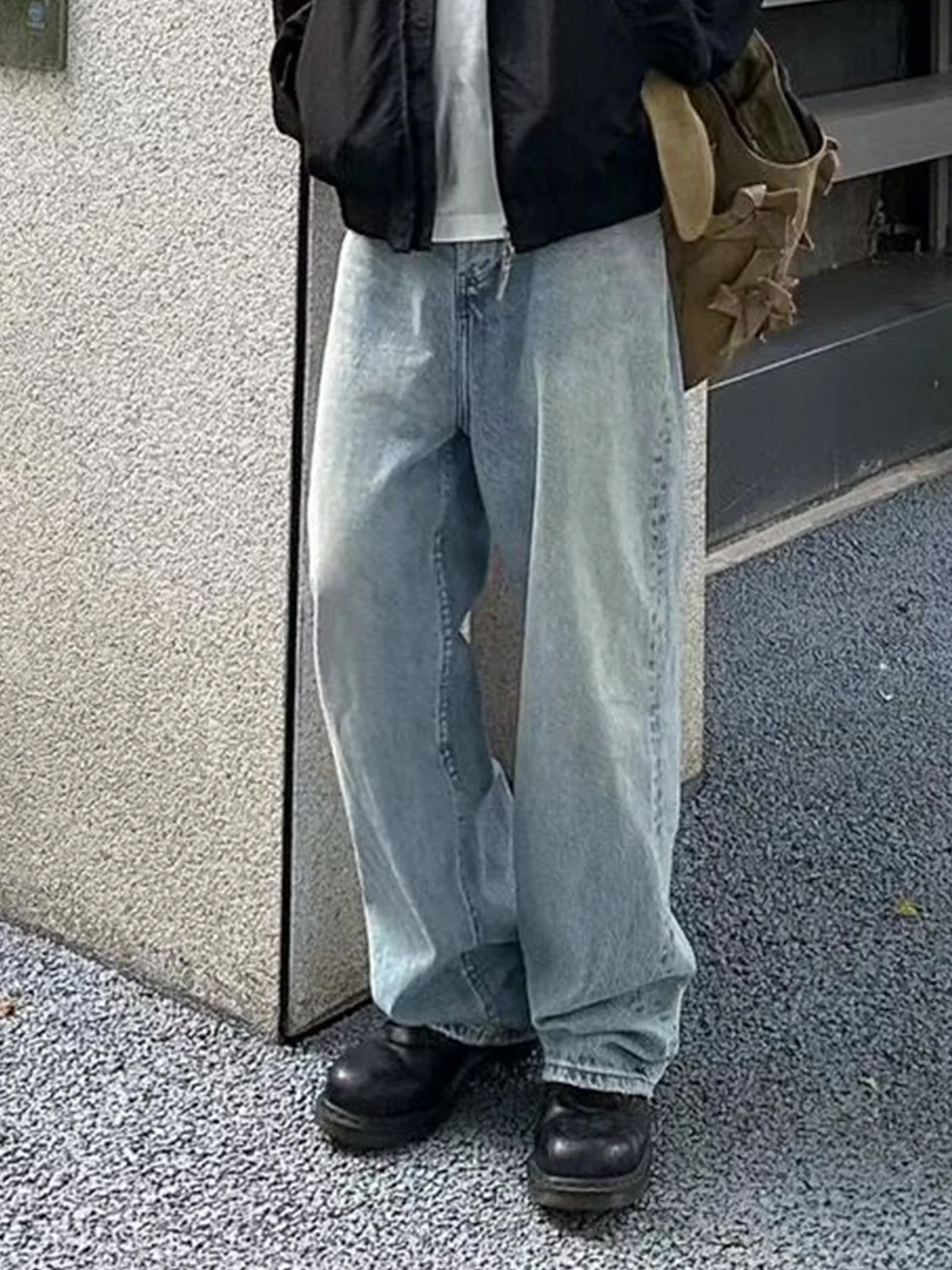 MIJKO Retro American Blue Washed Jeans Men's Casual Loose Straight Leg Wide Pants Long Trousers Hip Hop Style Loose Fit M-FJ013