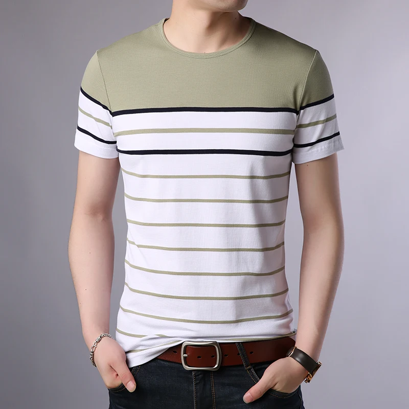 Knitted Striped T Shirt For Men Short Sleeve Cotton Viscose Slim Summer Quality Soft Comfortable Casual Tees Camisetas De Hombre