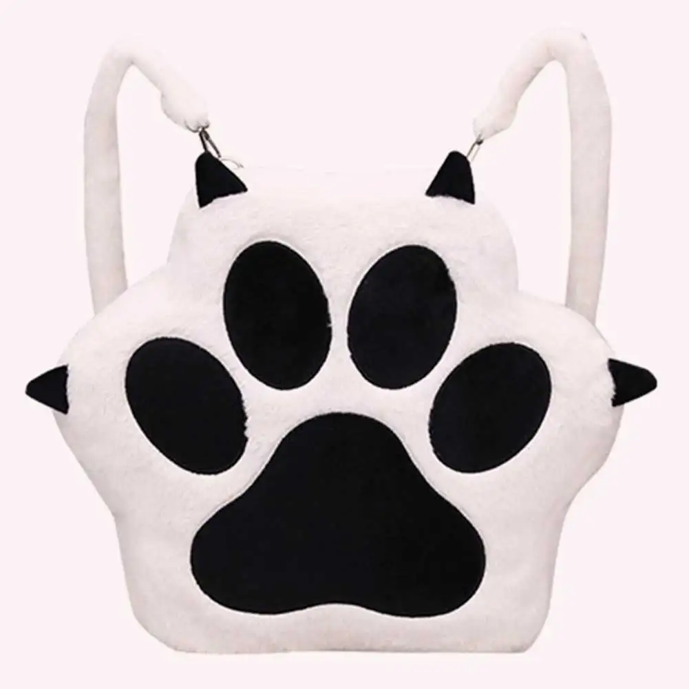 Cute Cat Paw Plush Backpack with Adjustable Straps Soft Furry Purse with Zipper Sweet School Bag Cartoon Backpack