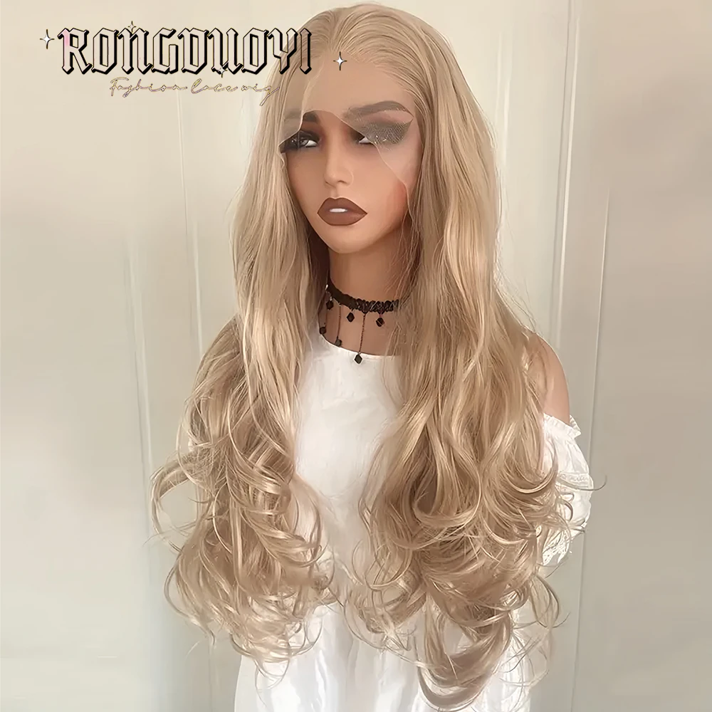 Ash Blonde Wig 13x4 Synthetic Wig Long Natural Wave Wig Blonde Deep Wave Hair Frontal Lace Wigs for Women Ready to Wear Cosplay