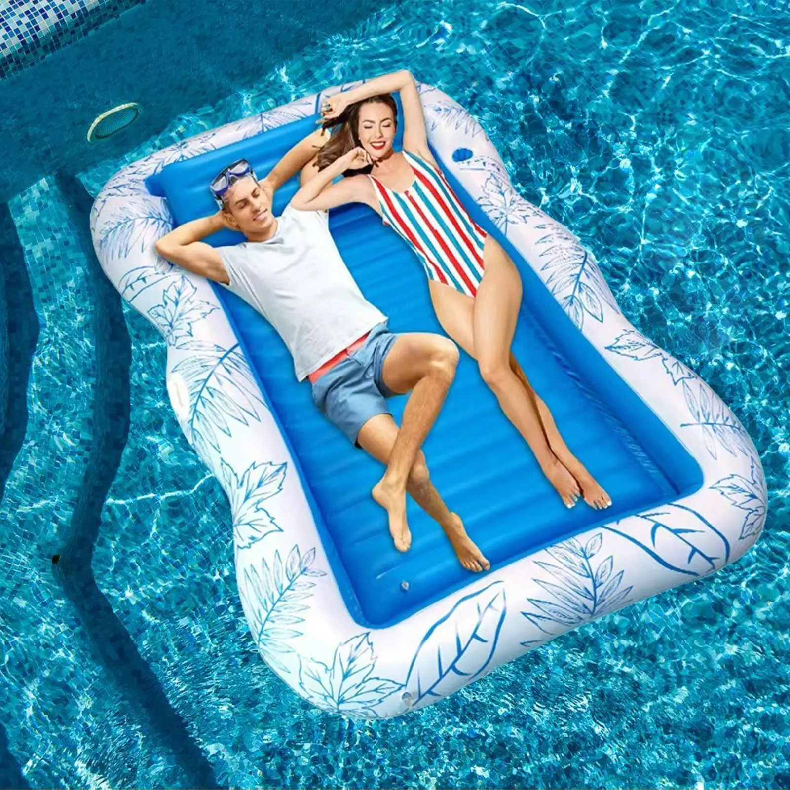 Piscina flutua inflável flutuante rede de água portátil jangada de piscina com suporte de copo para bronzeamento água jogar férias quintal viagem