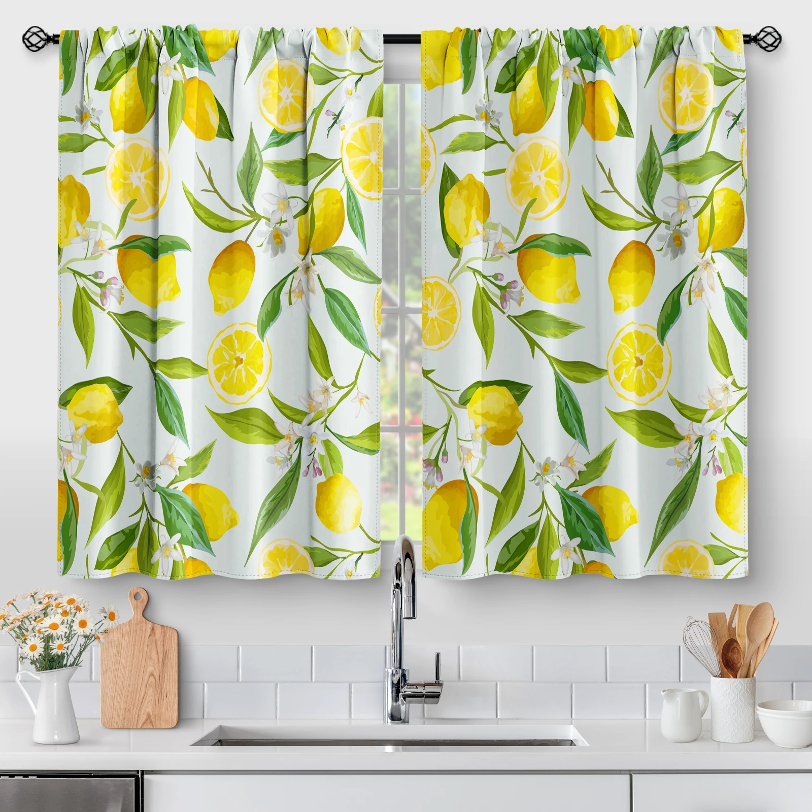 2 Panels Lemon Kitchen Curtains, Spring Country Farmhouse Rustic Nature Fruit Leaves Short Cafe Tier Curtains for Living Dining