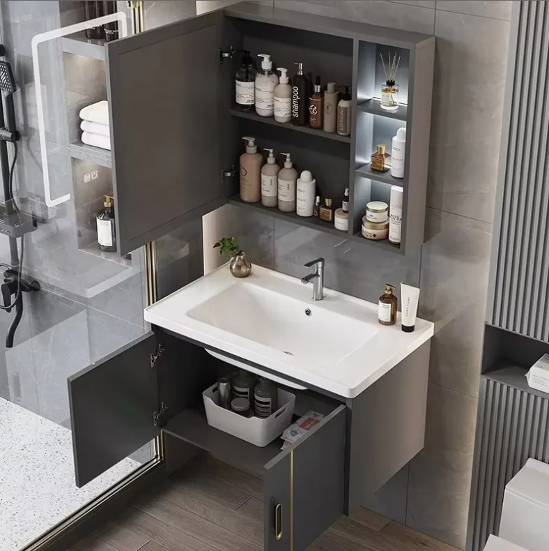 @#Modern Vanity Bathroom Washbasin Cabinet Combination Integrated Mirror Cabinet Wall Mounted Space