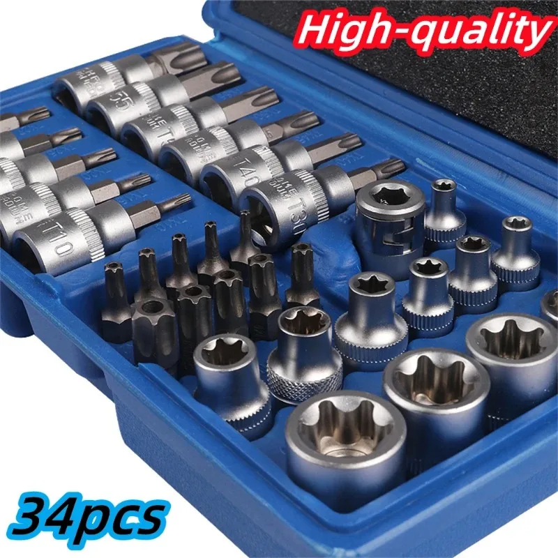 

34Pcs Torx Star Sockets & Bit Set Male and Female E-Security Bits Drive Handheld Tool Torque Star Socket High-quality Tool Kit