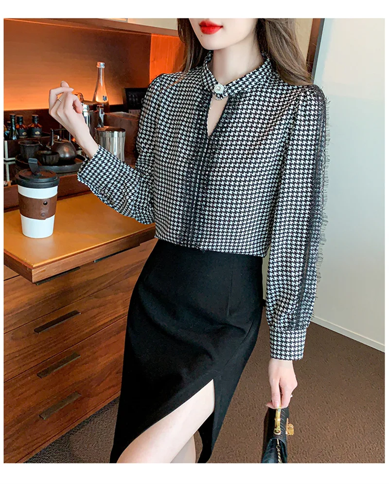 FANIECES High Quality Women Blouses Pullover Tops Elegant Stand Collar Vintage Houndstooth Print Long Sleeve Chiffon Lace Shirt