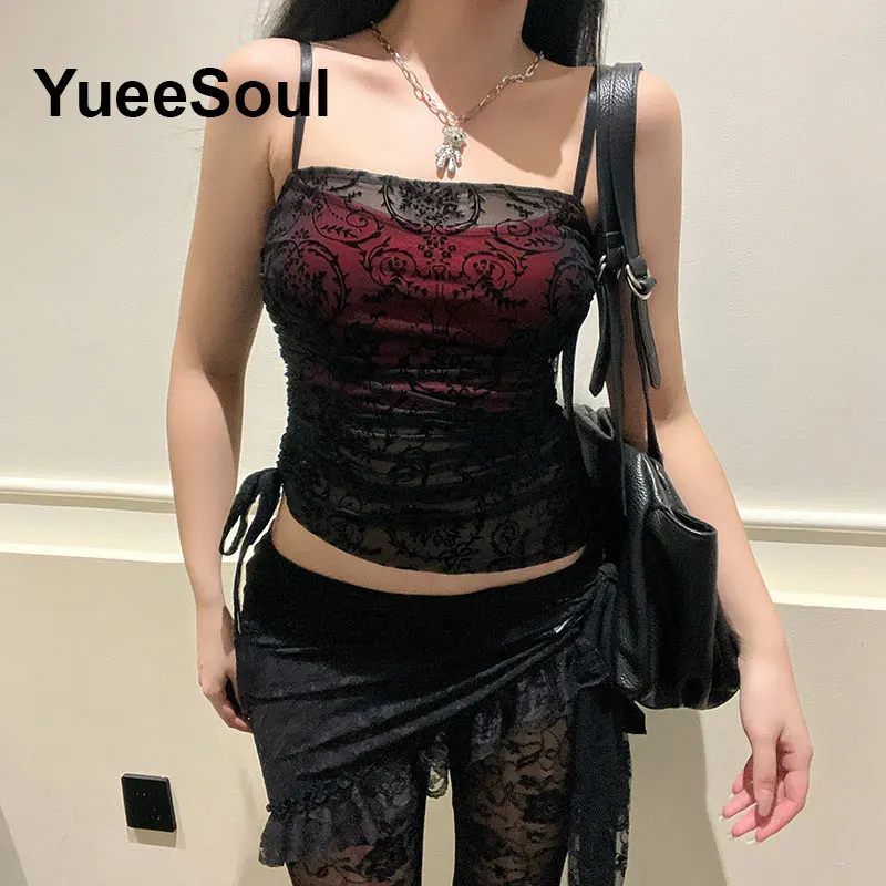 القمم القوطية المحاصيل الأسود السباغيتي حزام شبكة سليم مشد القمم 2025 جديد القوطي الشرير الجرونج الجنية الأساسية مثير Y2K ملابس الهالوين