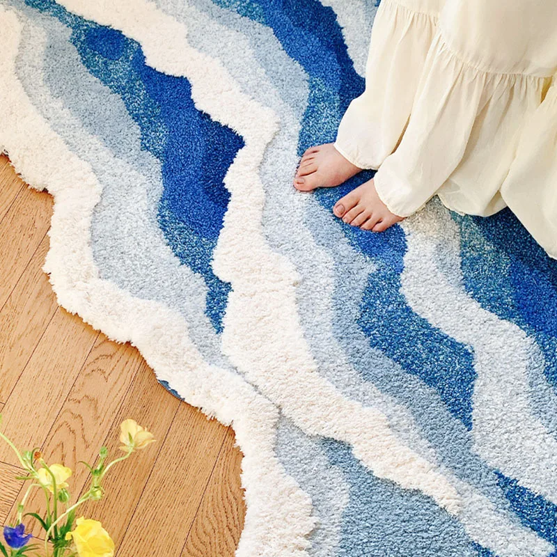 

Ins Waves Bedroom Carpets Bedside Thicken Rug Soft Flocked Living Room Sofa Carpet Mat Floor Decoration Lounge Shaggy Rug Blue